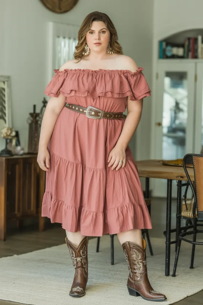 Plus Size Summer Ruffled Off Shoulder Nashville Outfit