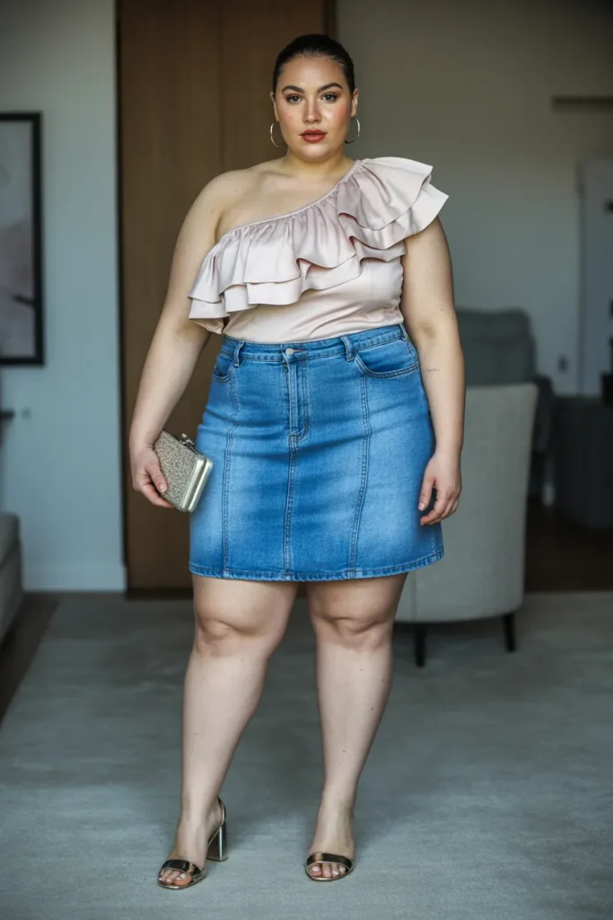Plus Size Summer Ruffled One Shoulder with Denim Skirt Outfit