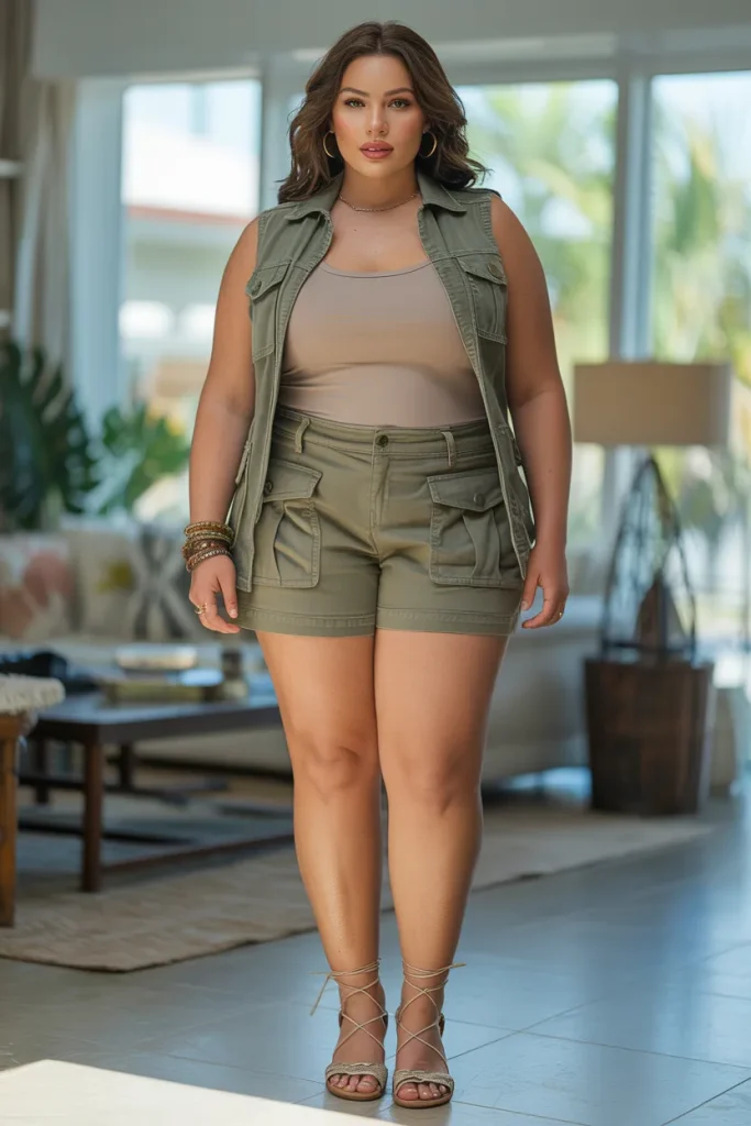Plus Size Summer Safari Inspired Utility Shorts and Tank Outfit