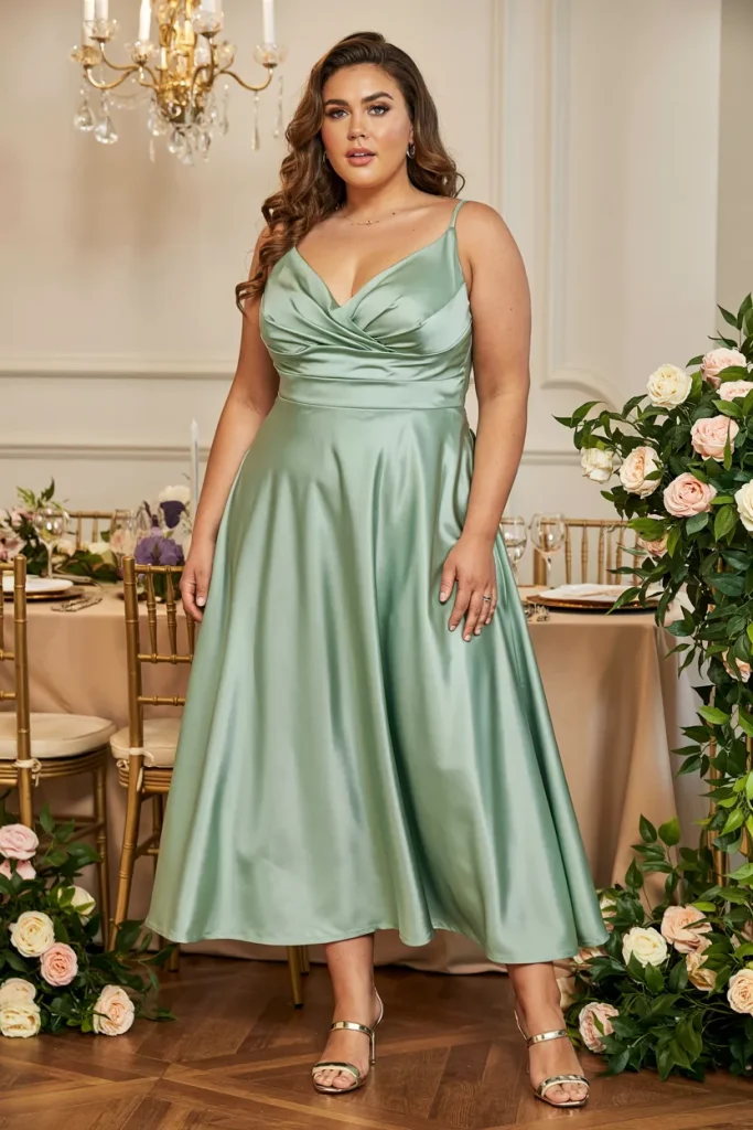 Plus Size Summer Sage Green Satin Surplice Tea Length Wedding Guest Dress