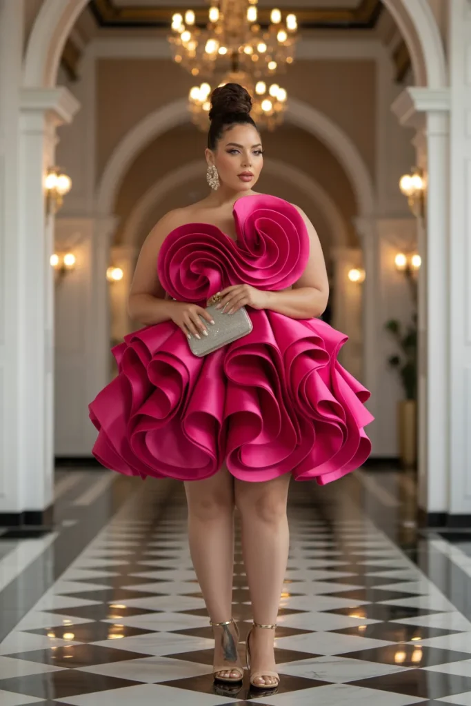 Plus Size Summer Sculptural Ruffle Statement Party Outfit