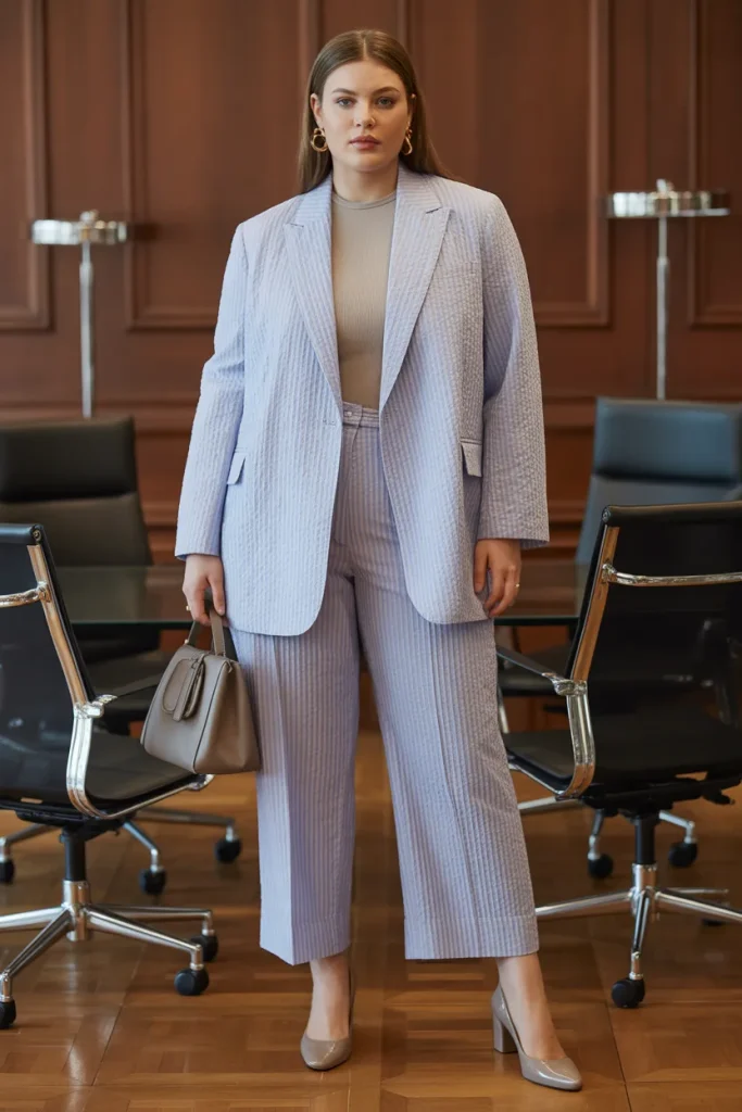 Plus Size Summer Seersucker Blazer Cropped Trousers Office Outfit