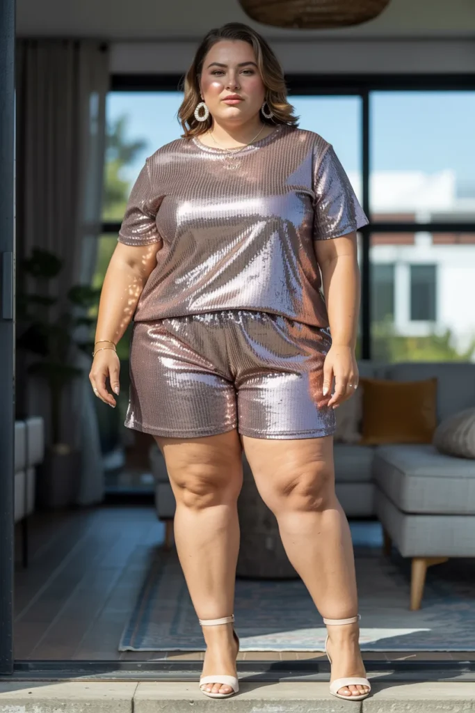 Plus Size Summer Sequin Shorts and Basic Tee Outfit