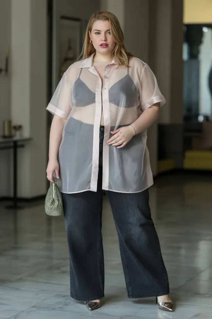 Plus Size Summer Sheer Overlay Blouse with Wide Leg Black Jeans Outfit