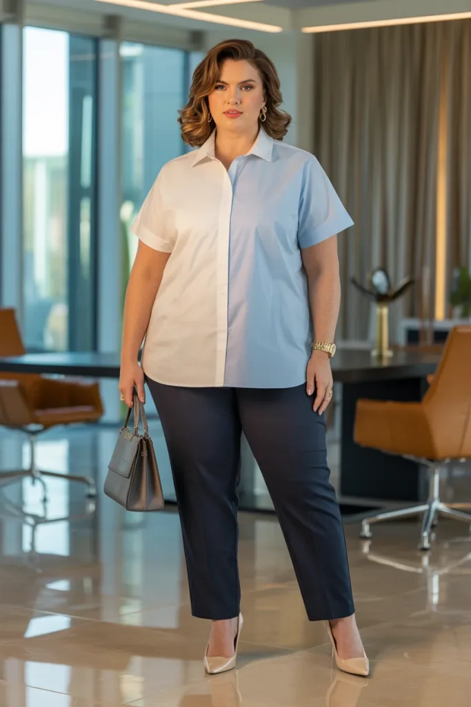 Plus Size Summer Short-Sleeve Cotton Poplin Tops Business Casual Outfit