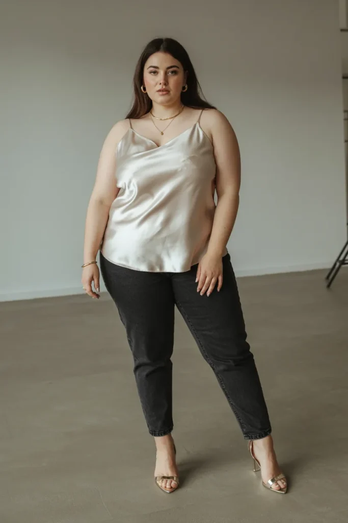Plus Size Summer Silk Camisole with Black Jeans Outfit