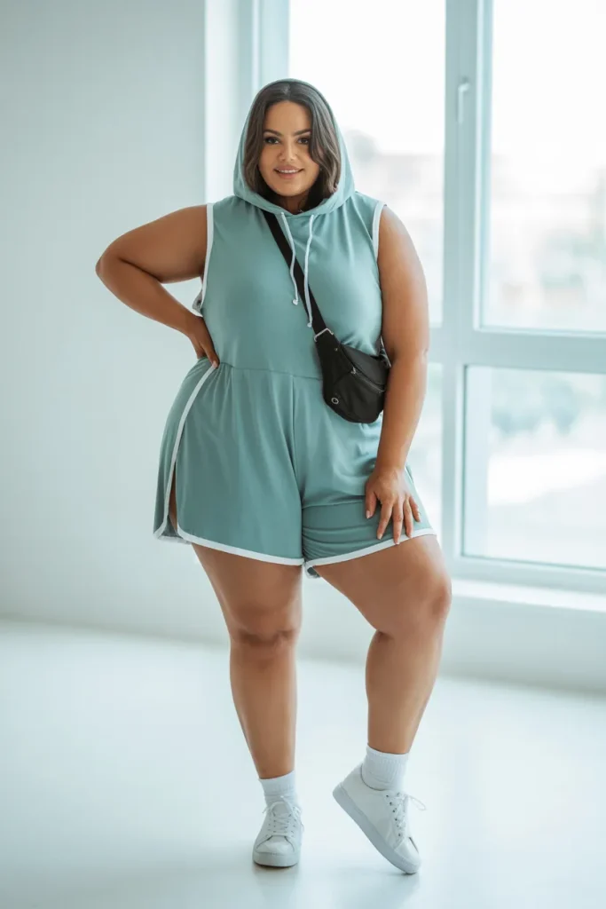 Plus Size Summer Sleeveless Hooded Romper Athleisure Outfit
