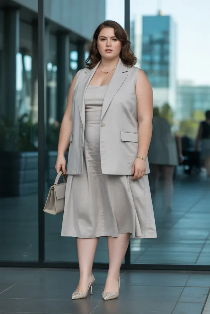 Plus Size Summer Sleeveless Shift Dress Paired with Linen Blazer Office Outfit