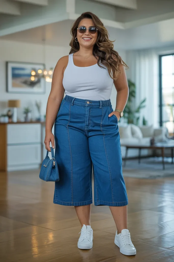 Plus Size Summer Stretch Denim Culottes Vacation Outfit