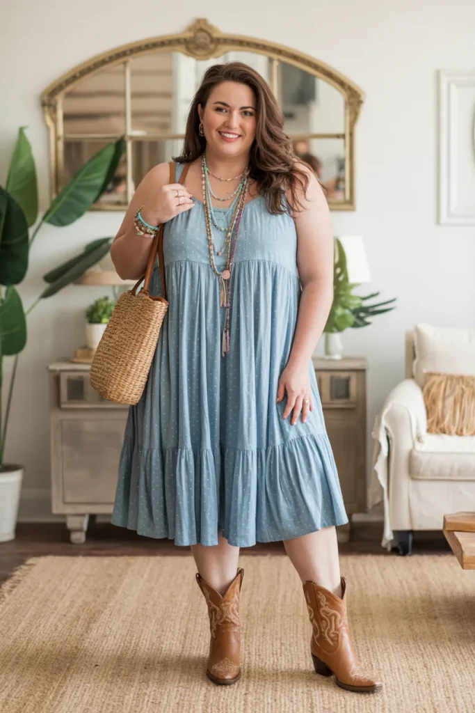 Plus Size Summer Sundress Paired with Ankle Cowboy Boots Nashville Outfit