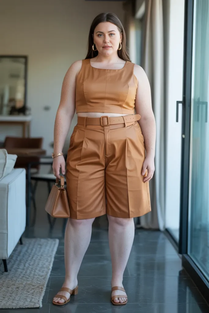 Plus Size Summer Tailored Bermuda Shorts and Boxy Crop Top European Outfit