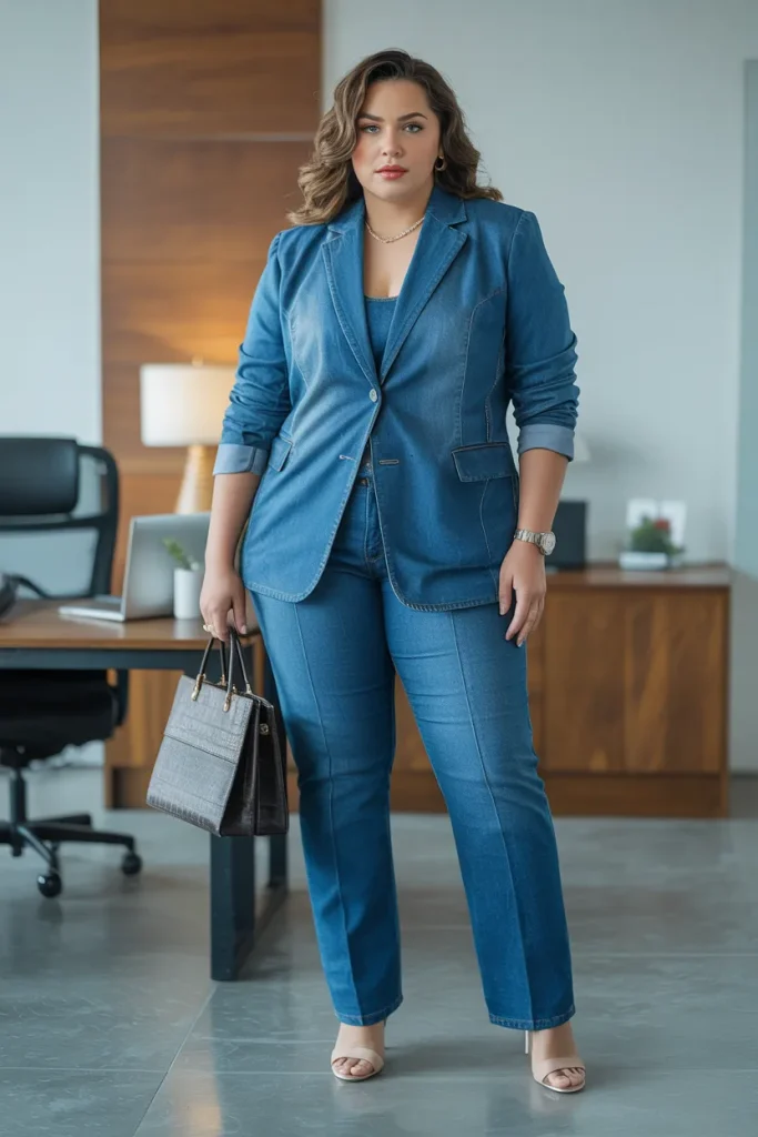 Plus Size Summer Tailored Denim Blazer with Work Jeans Outfit
