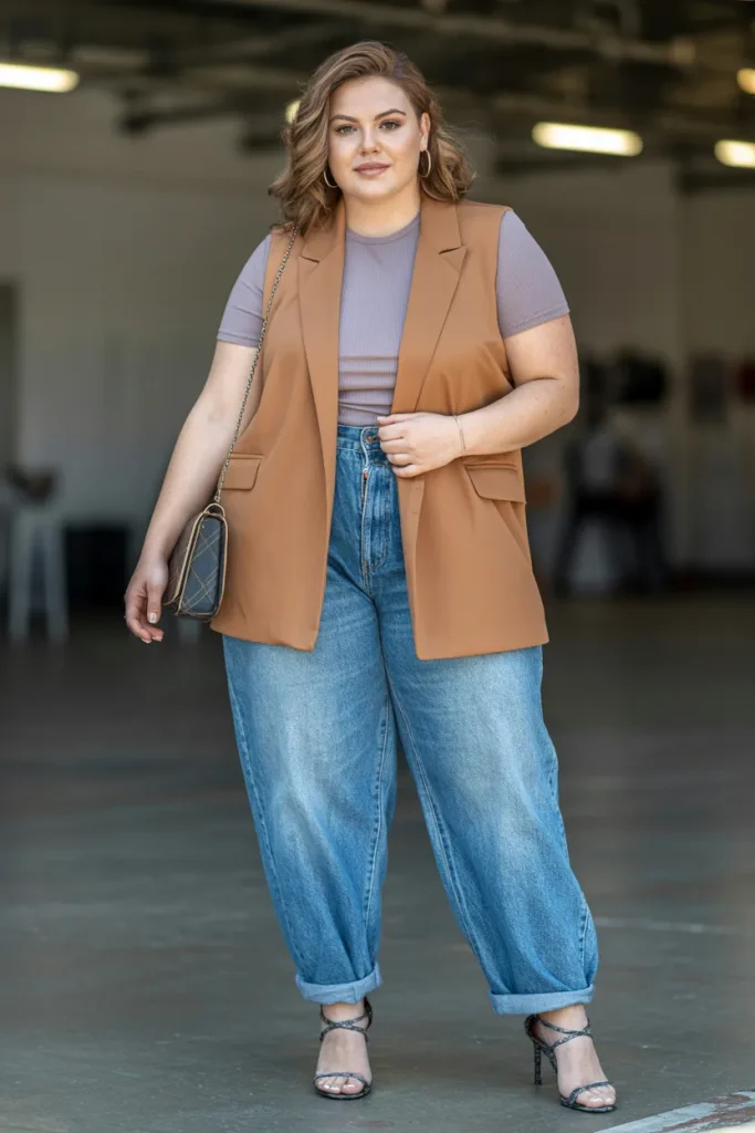 Plus Size Summer Tailored Vest with Boyfriend Jeans Outfit