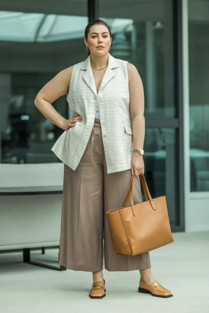 Plus Size Summer Textured Linen Vest and Wide Leg Cropped Pants Business Casual Outfit