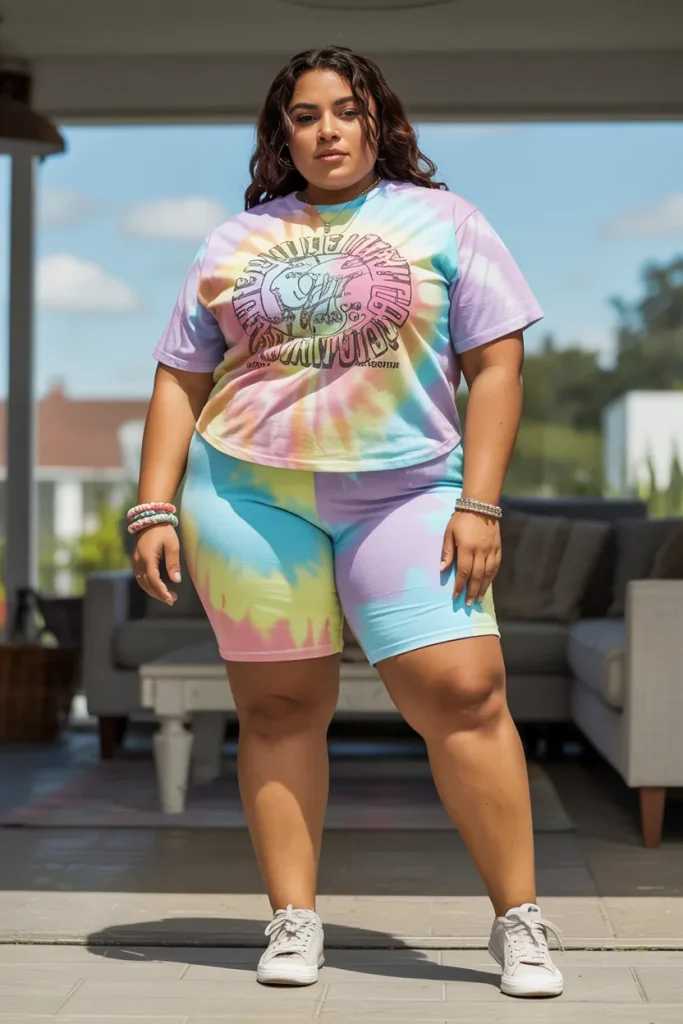 Plus Size Summer Tie Dye Bike Shorts and Graphic Tee Outfit