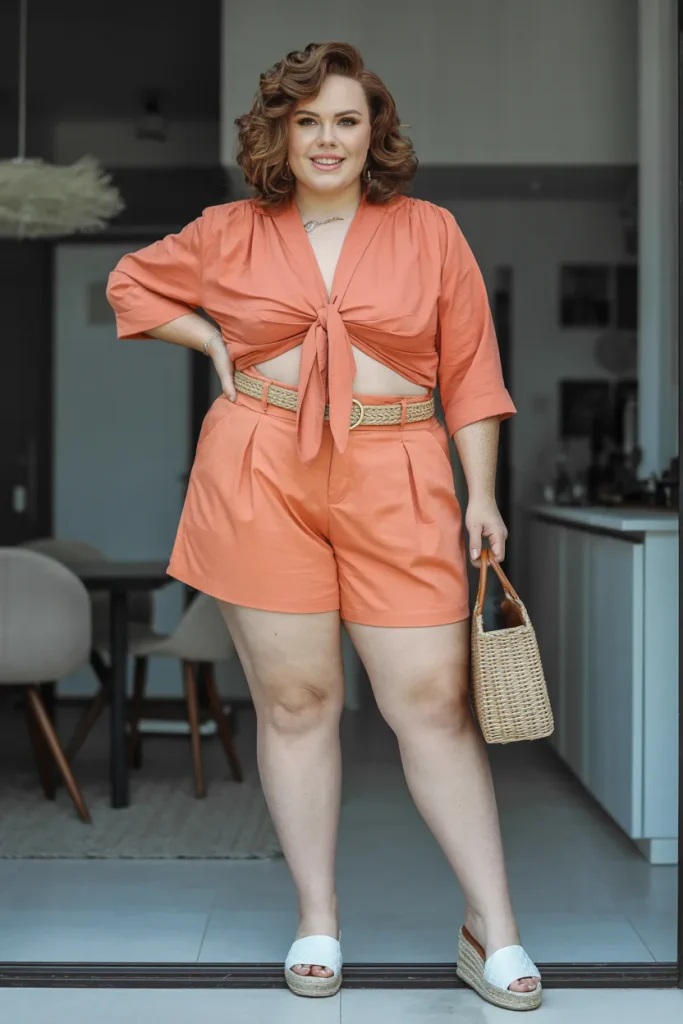 Plus Size Summer Tie Front Blouse and High Rise Shorts European Outfit