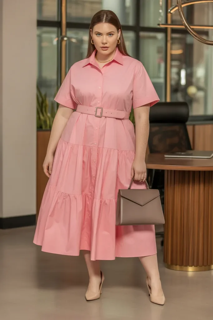 Plus Size Summer Tiered Cotton Poplin Shirt Dress Office Outfit