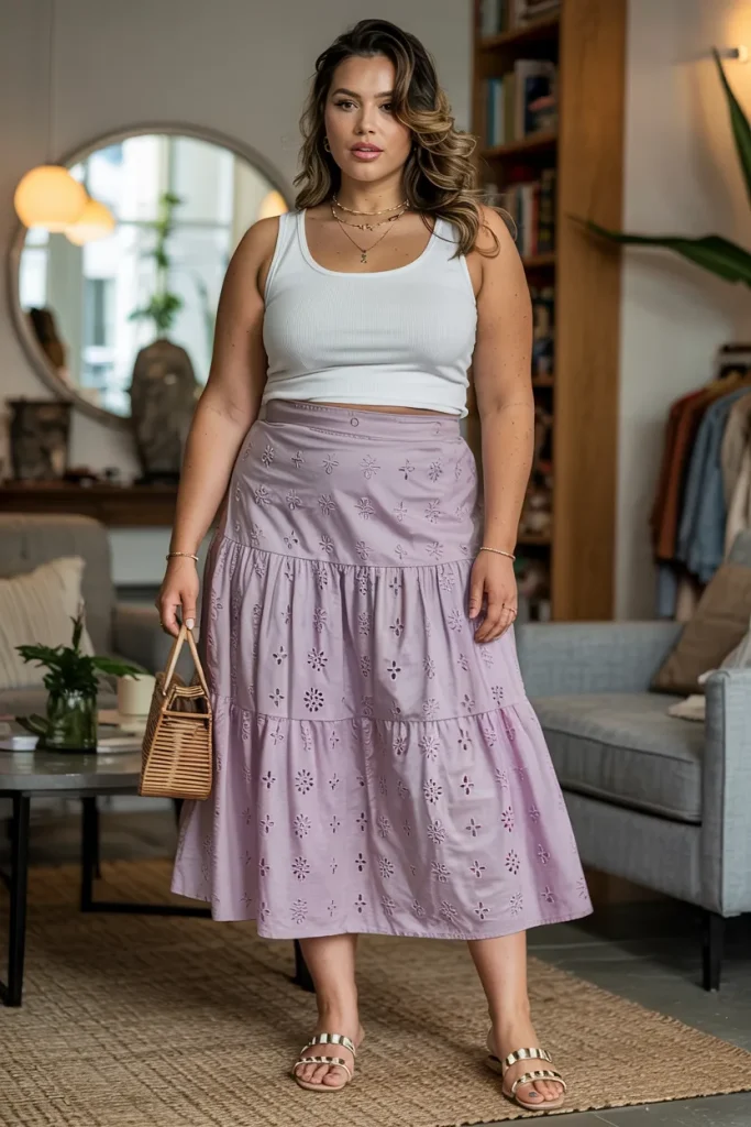 Plus Size Summer Tiered Eyelet Midi Skirt European Outfit