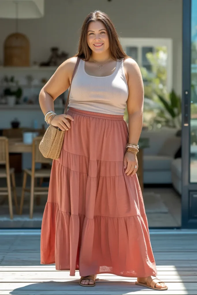 Plus Size Summer Tiered Maxi Skirt and Fitted Tank European Outfit 1