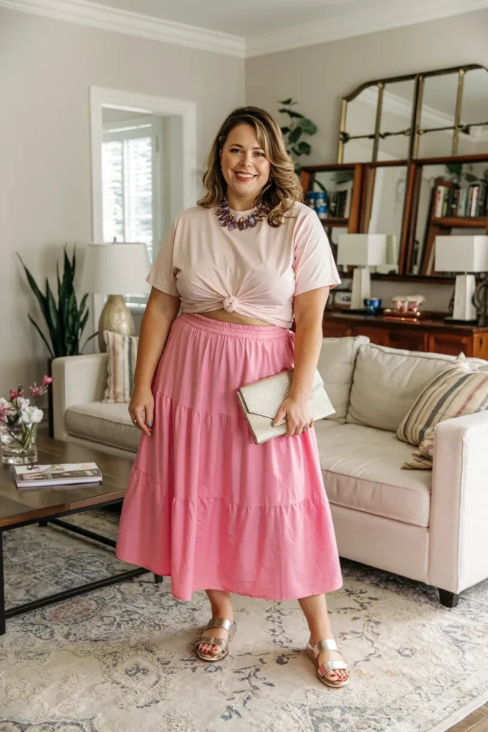 Plus Size Summer Tiered Midi Skirt and Crop Tee Mom Outfit