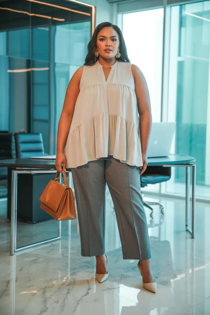 Plus Size Summer Tiered Sleeveless Blouse and Cropped Straight Leg Trousers
