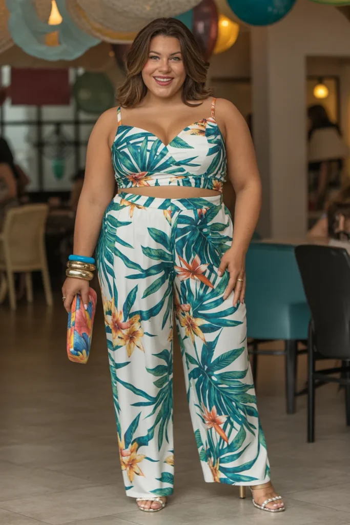 Plus Size Summer Tropical Print Coordinates Party Outfit