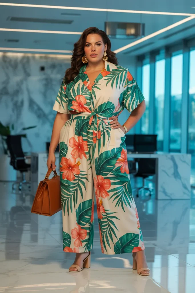 Plus Size Summer Tropical Print Culotte Jumpsuit Business Casual Outfit