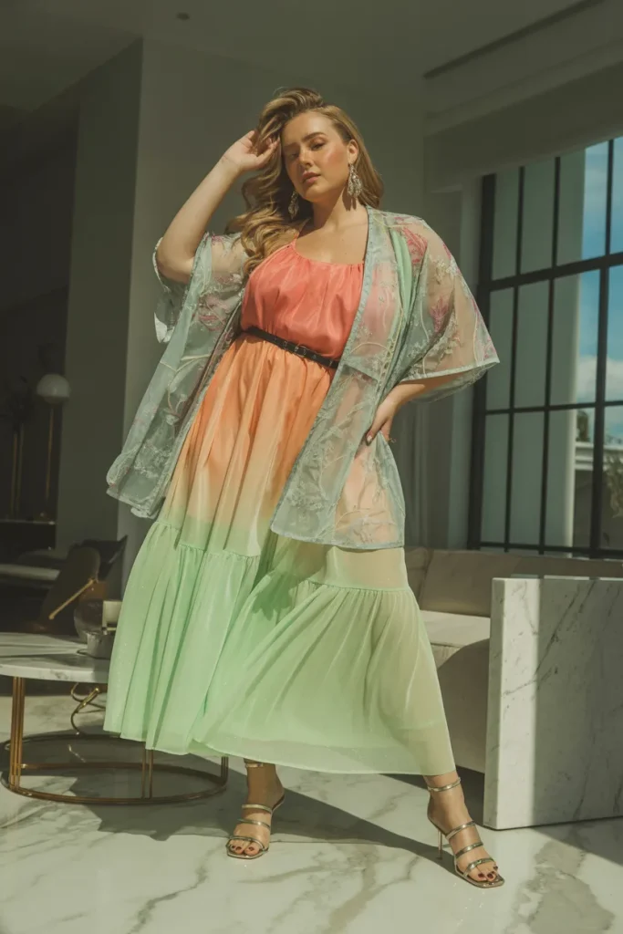 Plus Size Summer Tulip Hem Dress With Sheer Kimono Holiday Outfit