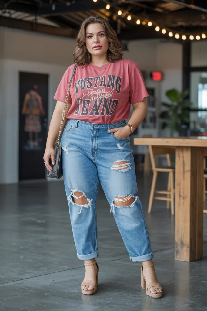 Plus Size Summer Vintage Graphic Tee and Distressed Boyfriend Jeans Outfit