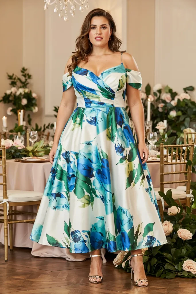 Plus Size Summer Watercolor Floral Off Shoulder Tea Length Wedding Guest Dress