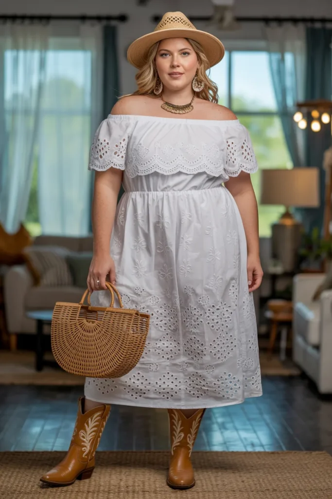 Plus Size Summer White Eyelet Off Shoulder Nashville Outfit