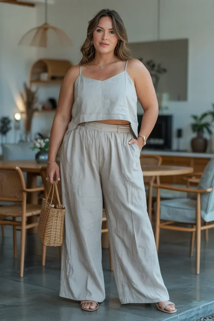 Plus Size Summer Wide-Leg Linen Pants with Matching Top European Outfit