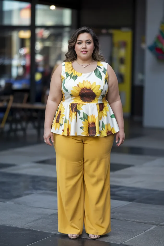 Plus Size Sunflower Print Peplum Top with Yellow Wide Leg Pants Easter Outfit