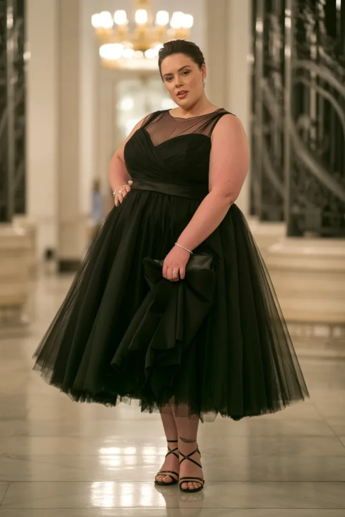 Plus Size Tea Length Tulle Illusion Neckline Black Wedding Dress