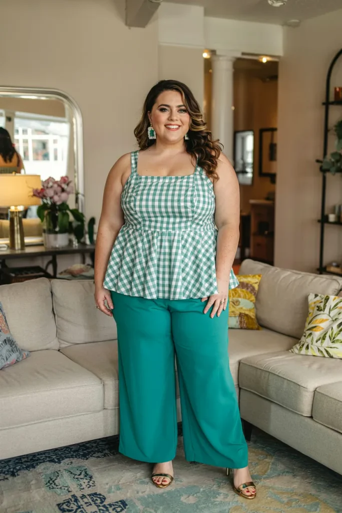 Plus Size Teal Gingham Peplum Top with Wide Leg Pants Easter Outfit