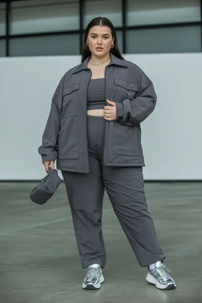 Plus Size Tech Fabric Monochrome Streetwear Outfit