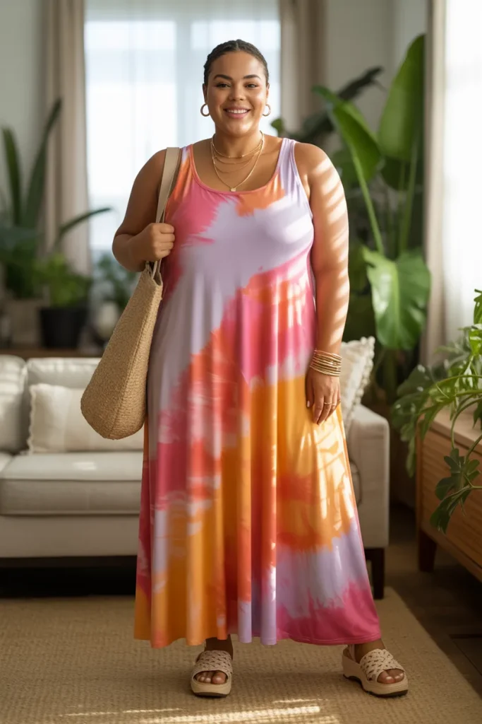 Plus Size Tie Dye Cotton Jersey Maxi Summer Outfit
