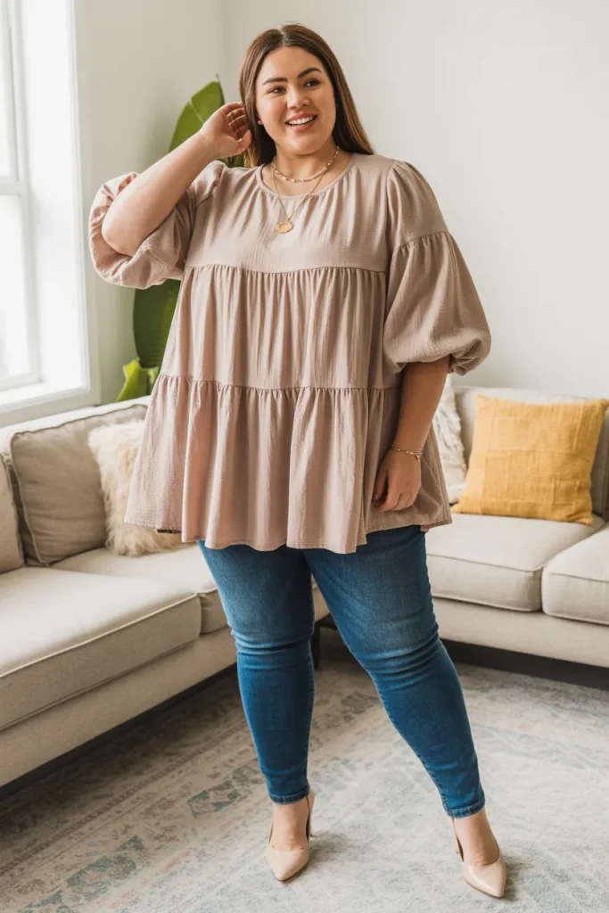 Plus Size Tiered Balloon Sleeve Babydoll Blouse Summer Outfit