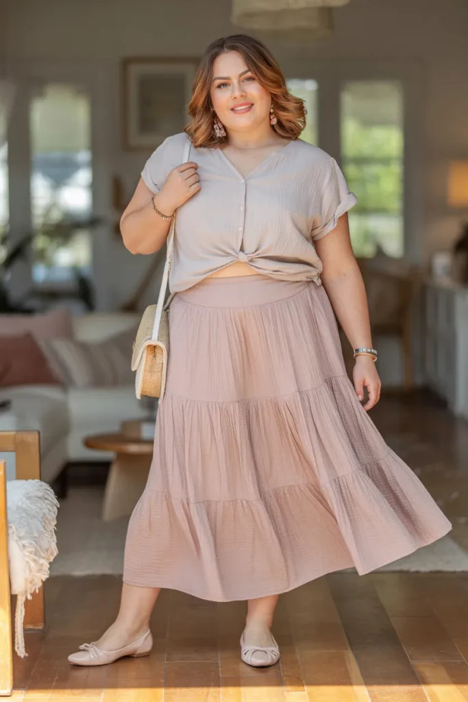 Plus Size Tiered Cotton Gauze Midi Skirt Summer Outfit