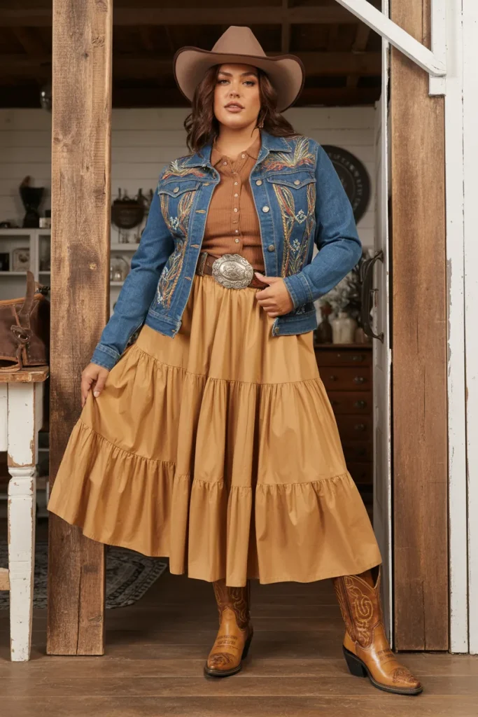 Plus Size Tiered Prairie Skirt with Embellished Denim Jacket