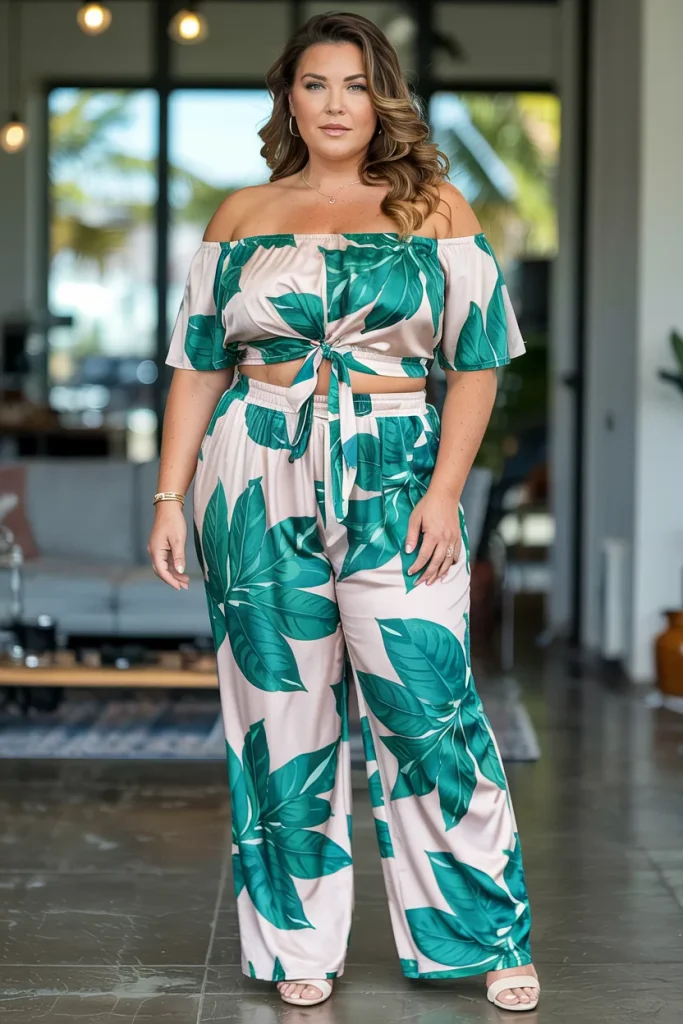 Plus Size Tropical Print Off The Shoulder Two Piece Pant Set Summer Outfit