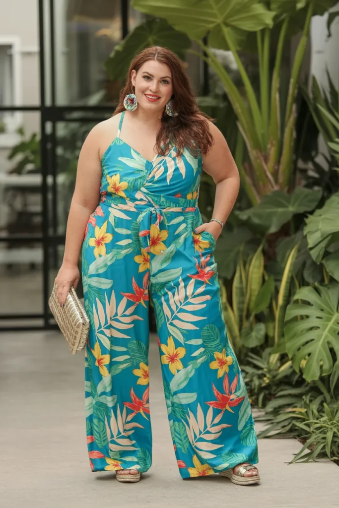 Plus Size Tropical Print Palazzo Jumpsuit Summer Outfit