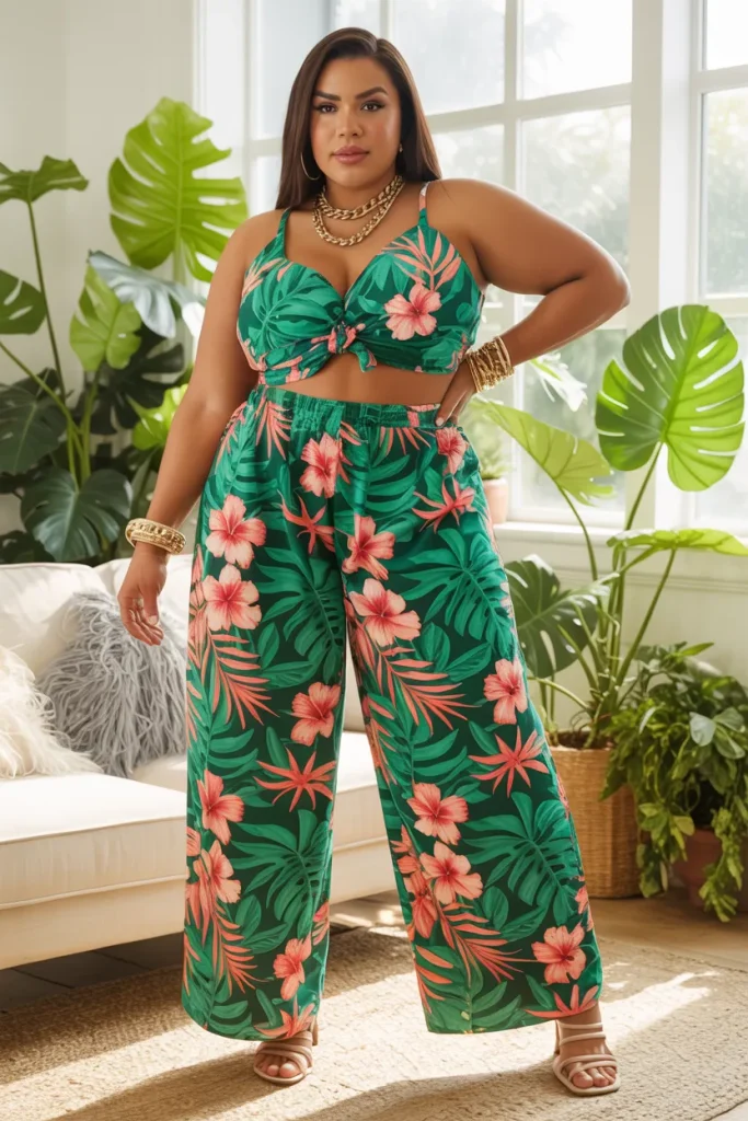 Plus Size Tropical Print Palazzo Summer Baddie Outfit