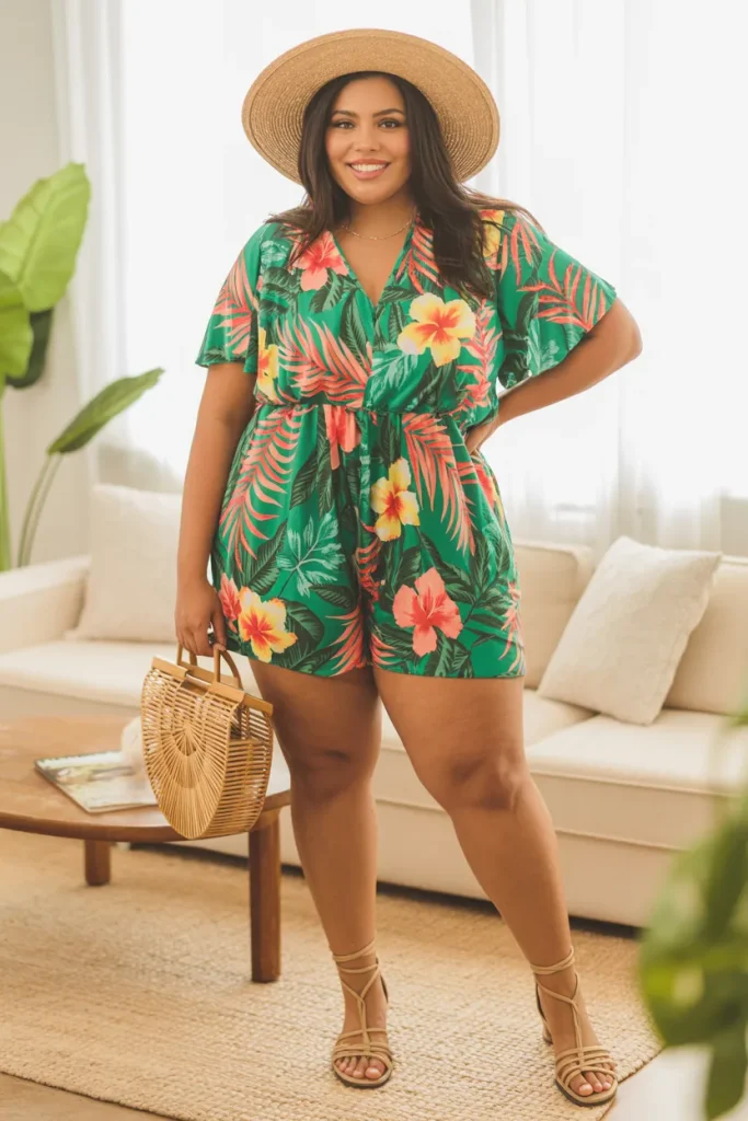 Plus Size Tropical Print Romper Summer Outfit