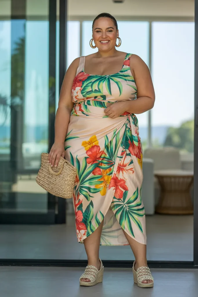 Plus Size Tropical Print Sarong Summer Skirt Outfit