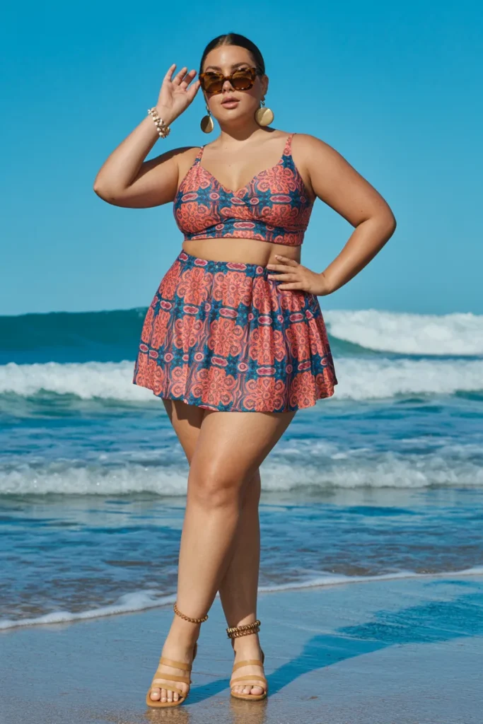 Plus Size Two Piece Skirted Tankini Summer Beach Outfit