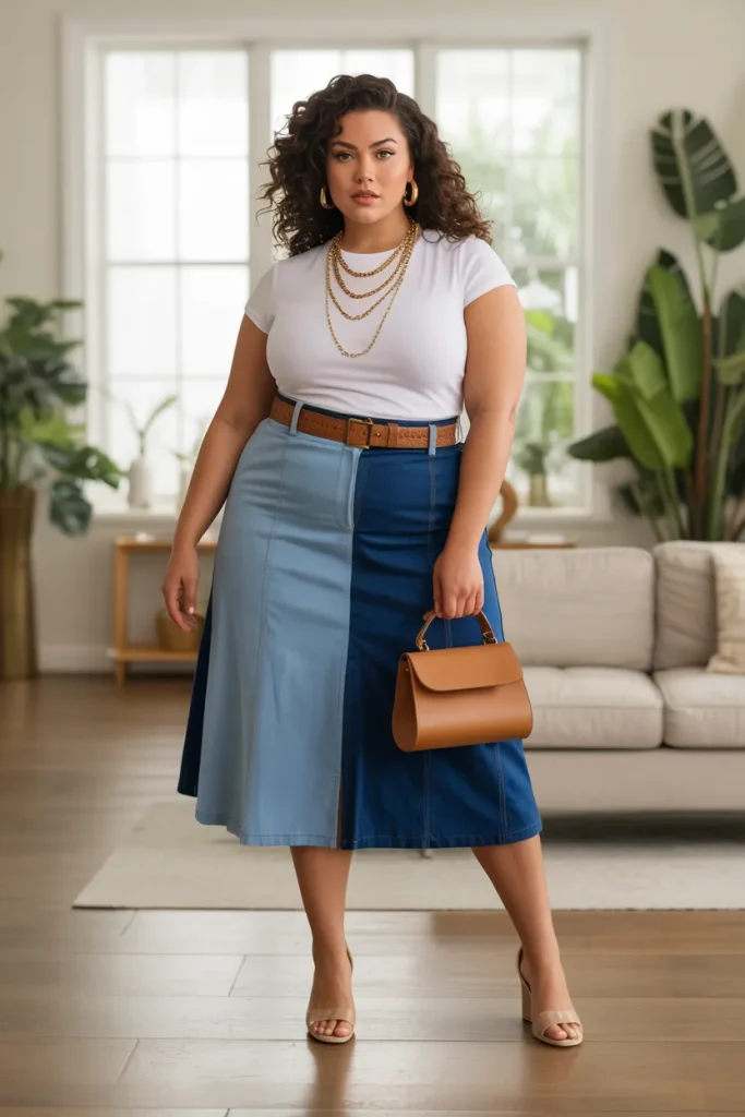 Plus Size Two Tone Denim Summer Skirt Outfit