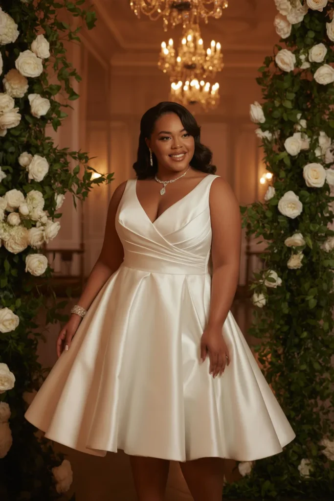 Plus Size V Neck Satin Fit and Flare Short Wedding Dress