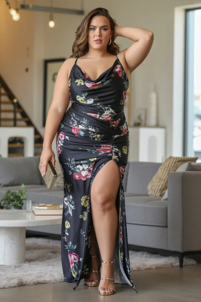 Plus Size Vacation Black Floral Cowl Neck Ruched Split Maxi Dress