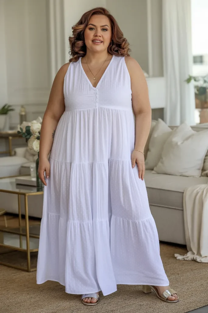 Plus Size Vacation White V Neck Tiered Maxi with Empire Waist